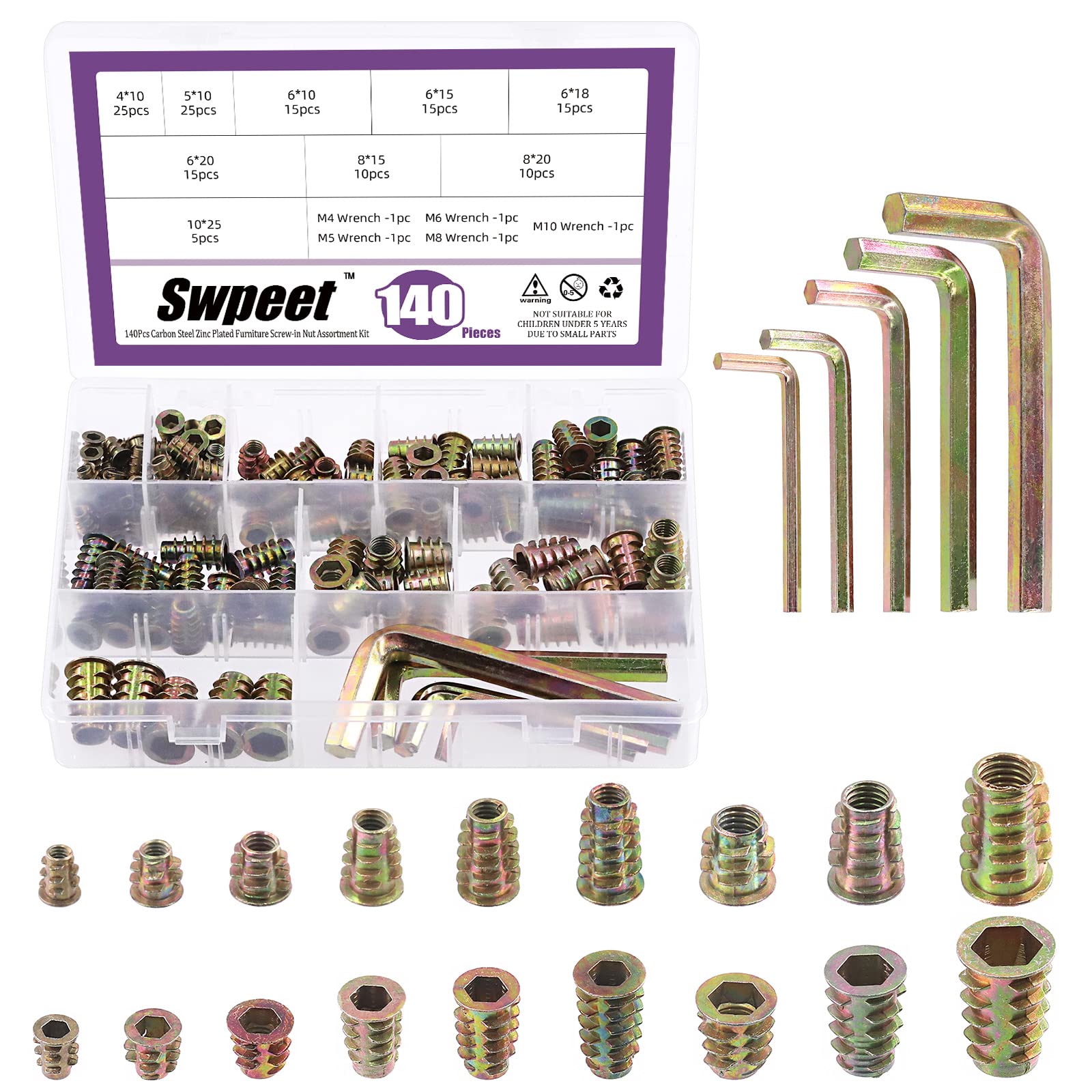 Swpeet 140Pcs M4 M5 M6 M8 M10 Metric Carbon Steel Color Zinc Plated Carbon Furniture Wood Screw in Nut Flanged Screw-in Hex Socket Drive Threaded Inserts Nuts Assortment Kit with 5Pcs Wrench