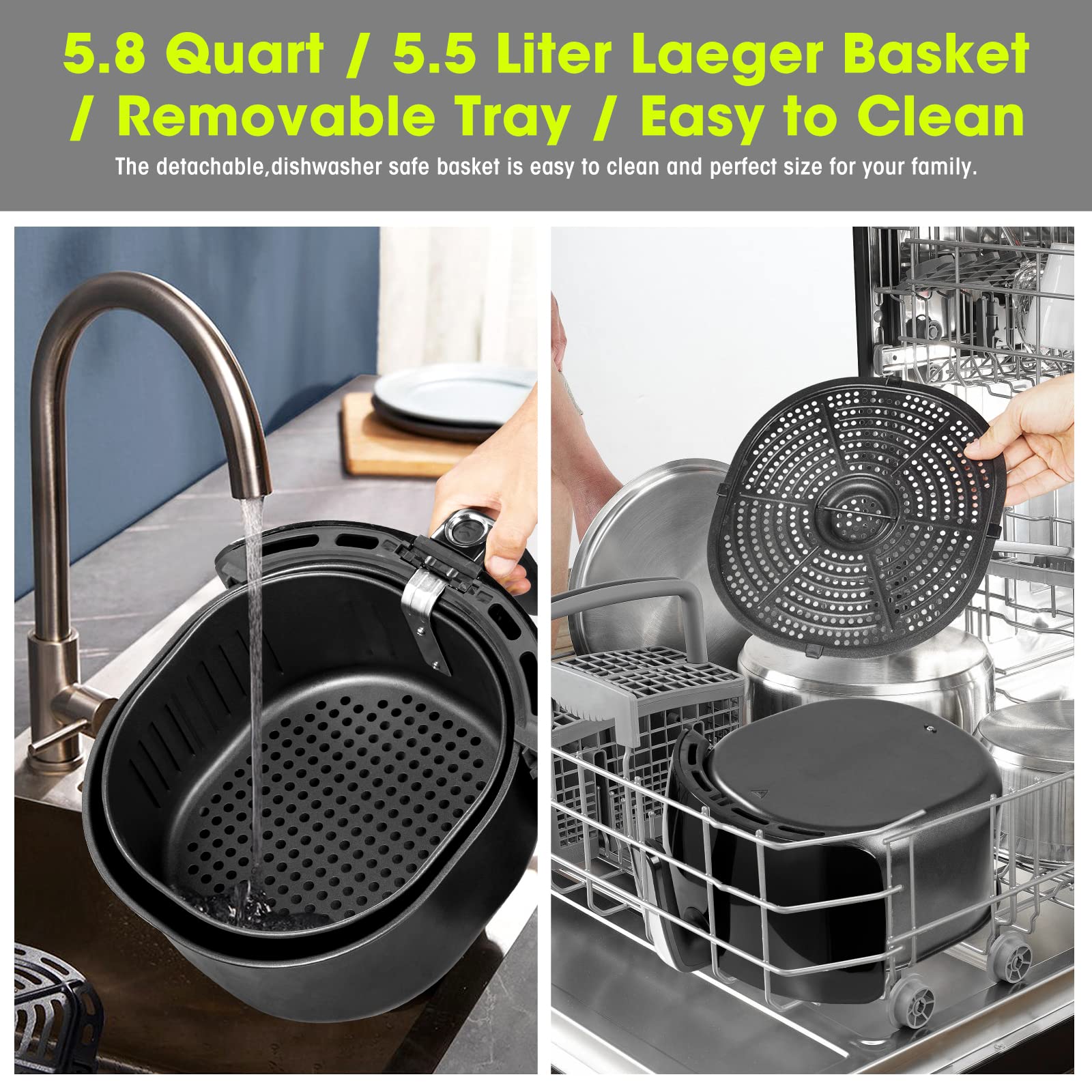 Freidora de aire 5.8QT/5.5L, Uten 1700W AirFryer Control de temperatura caliente eléctrica de alta potencia y perilla del temporizador, cesta para freír antiadherente, apta para lavavajillas, aplicar a fiestas, té de la tarde, negro