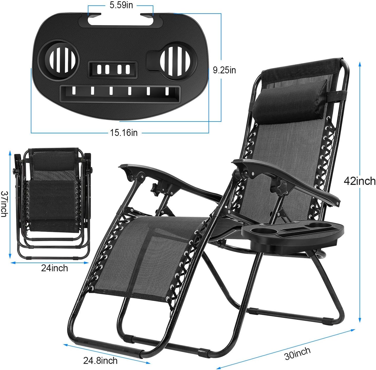 iMounTEK Set of 2 Adjustable Zero-Gravity Reclining Outdoor Lounge Chairs with Pillows & Cup Holder Side Tray, Supports 330lbs, for Patio, Porch, Deck, Poolside, Beach, Lawn, Yard (Black, Blue, Tan): Kitchen & Dining