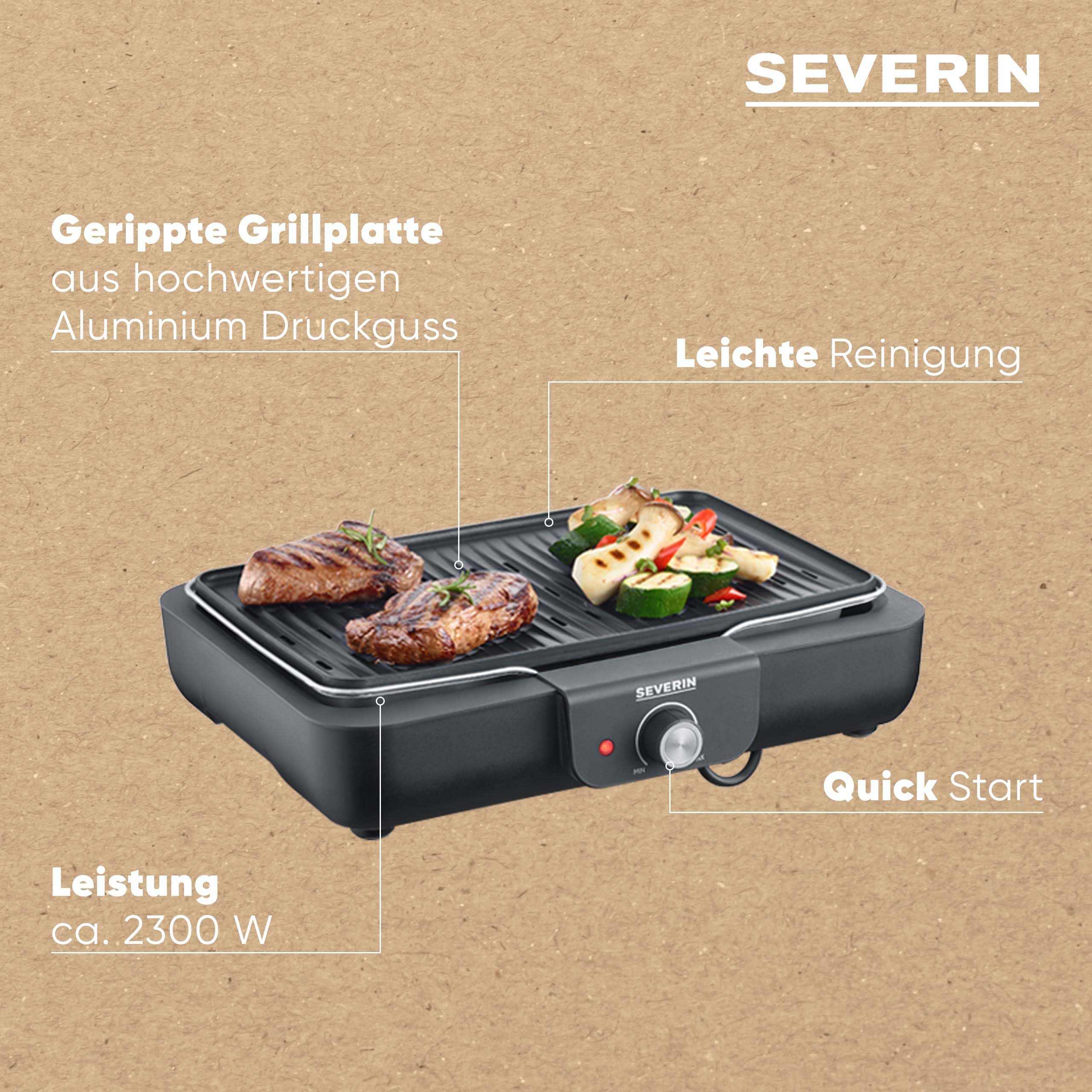 Severin Tischgrill mit Aluminium-Grillplatte, für drinnen und draußen, Alu-Druckgussplatte, Elektrogrill mit schnellem Grill-Start, einstellbar bis zu 230°C, 2.200 W, schwarz, PG 8556 4
