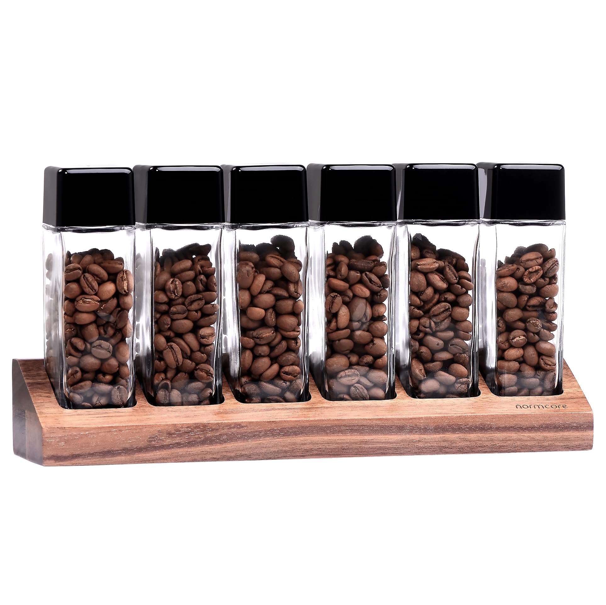 Photo 1 of Normcore 6 Tubes Single Dose Espresso Bean Cellars, Coffee Beans Storage Tube Vial Vault with One-Way Exhaust Valve, Glass Coffee Bean Capsules With Genuine American Walnut Display Stand