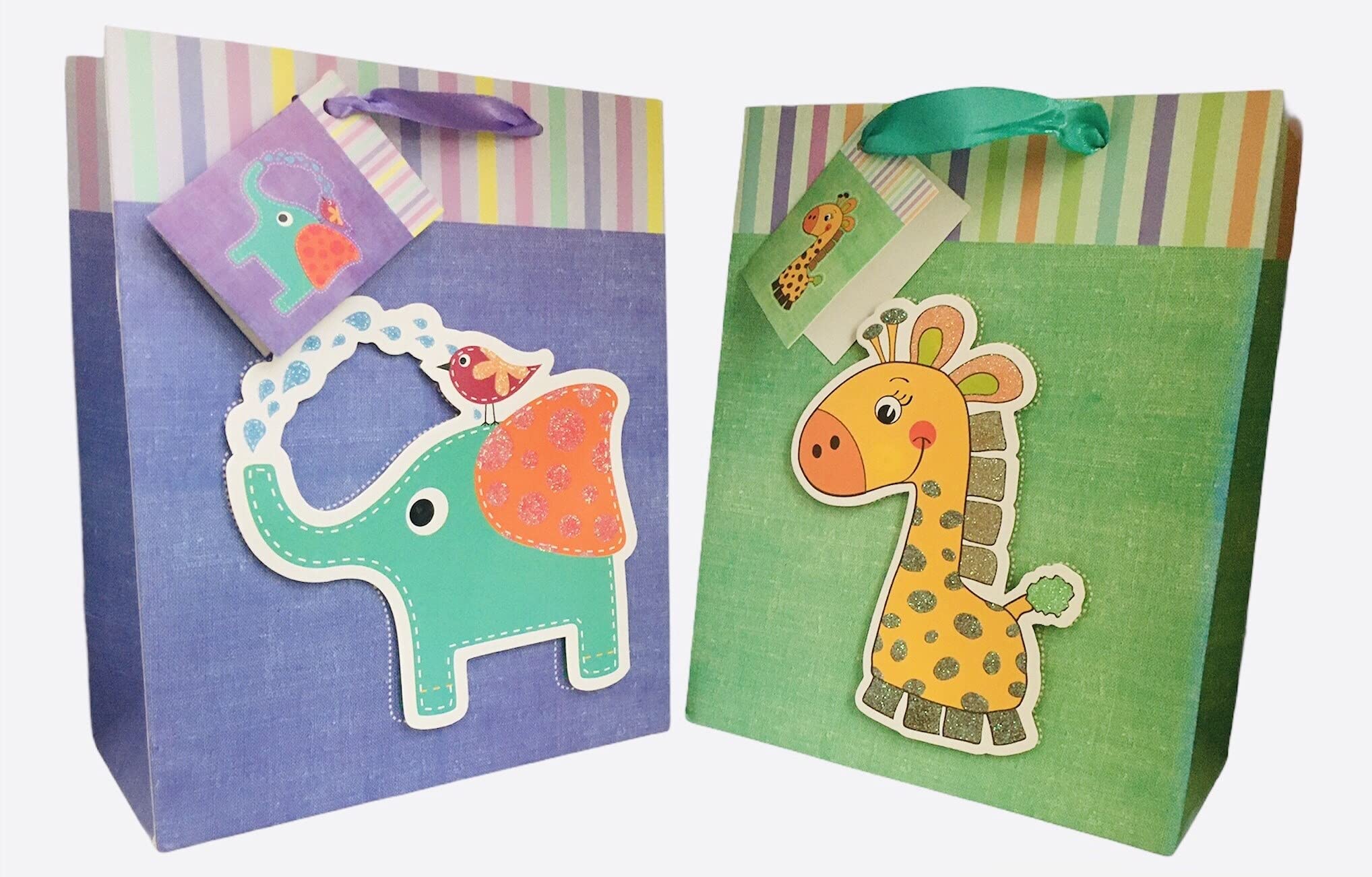 WRG Party Supplies - Pack of 2 - Premium Gift Bags featuring Cute Animals Design (Giraffe & Elephant), including Gift Tags and Pastel Ribbon Handles