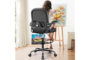 AtHope Drafting Chair, Tall Office Chair Ergonomic Standing Desk Chair,with Adjustable Footrest Ring, 3D Lumbar Support, Flip-up Armrests, Swivel Desk Stool for Drawing Working (Black)
