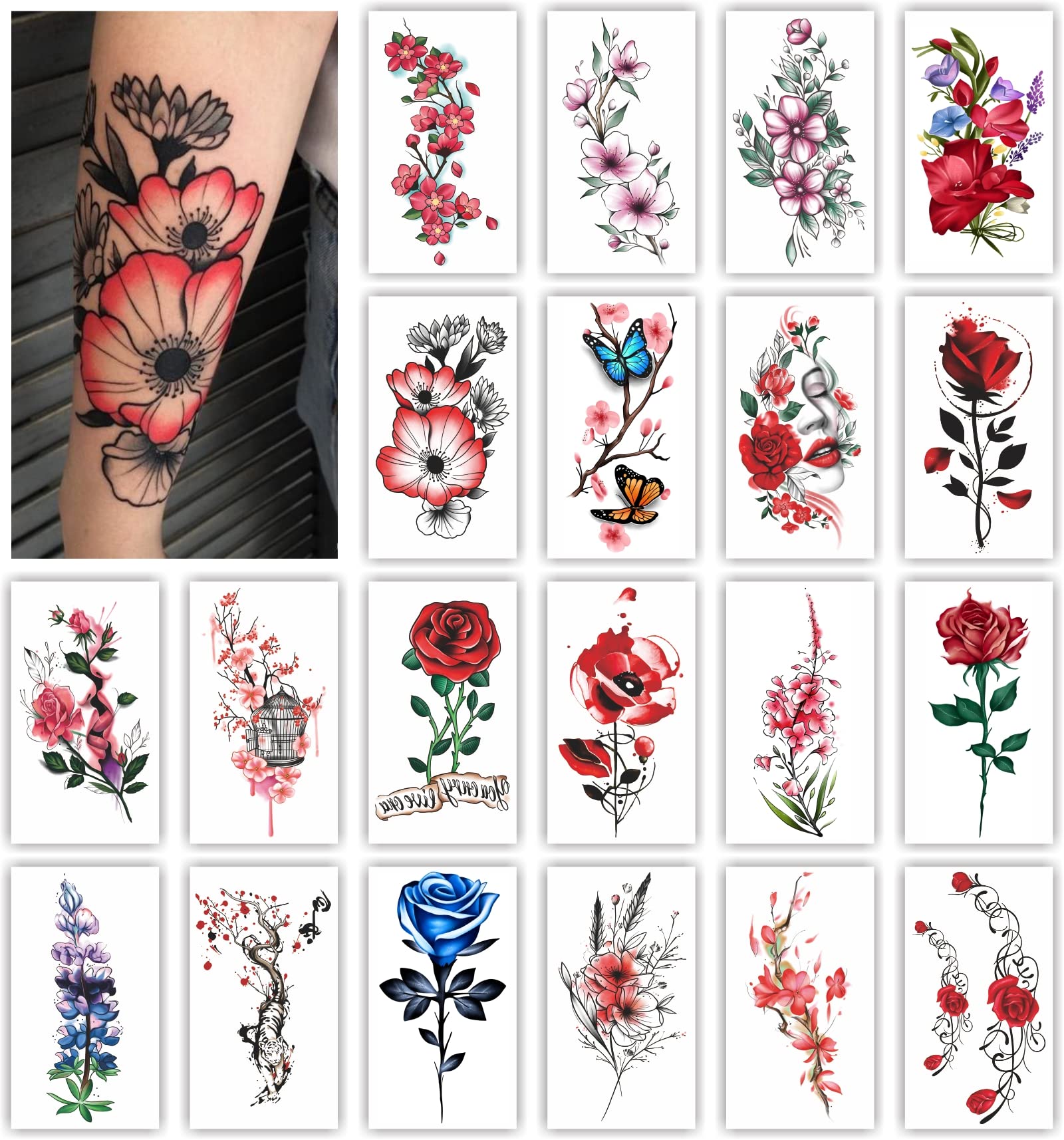 Womaha Flower Series 20 Sheets Color Temporary Tattoos for Women and Girls Fake Tattoo Stickers