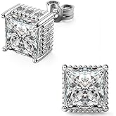 18K White Gold Plated Sterling Silver Square Cubic Zirconia Stud Earrings 4 Prong Princess Cut CZ Simulated Diamond Stud Earrings for Men Women Hypoallergenic