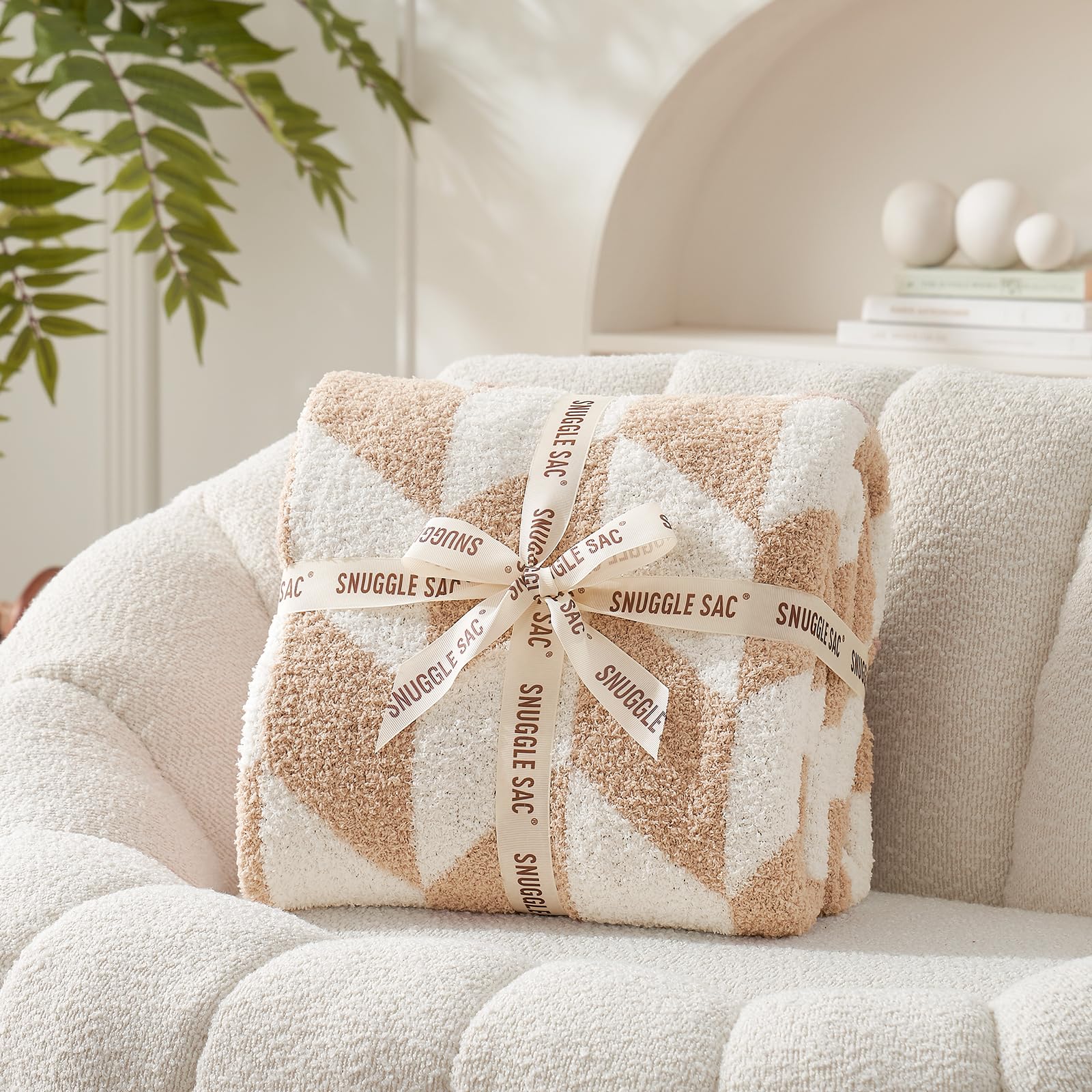 Snuggle Sac Beige Twin Size Blankets for Bed, Super Soft Warm Blankets Oversized Cozy Knit Fuzzy Blanket for Living Room, Chevron Beige,60x80 inches Image