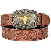 WOWOGO Women Men Western Belts Cowboy Cowgirl Country Belt Longhorn Bull Buckle Floral Embossed Belt for Jeans Dresses