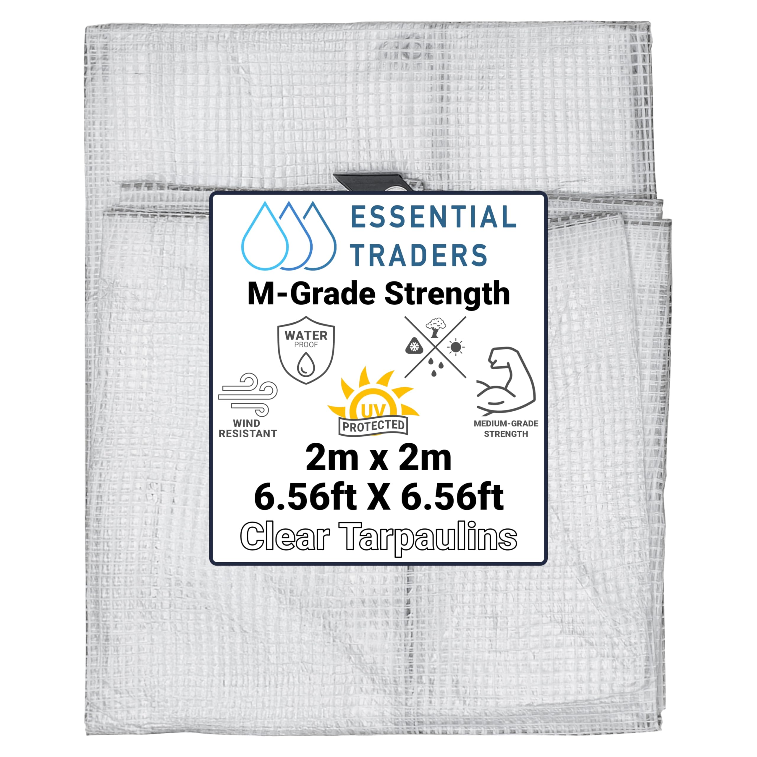 Clear Monotex Heavy Duty Tarpaulin, 100gsm Waterproof Ground Cover Multipurpose Furniture, Caravan, Vehicle, Tool, Camping & Shed Mono Sheet, Medium Weight Reinforced Cotton Mesh (2m x 2m)