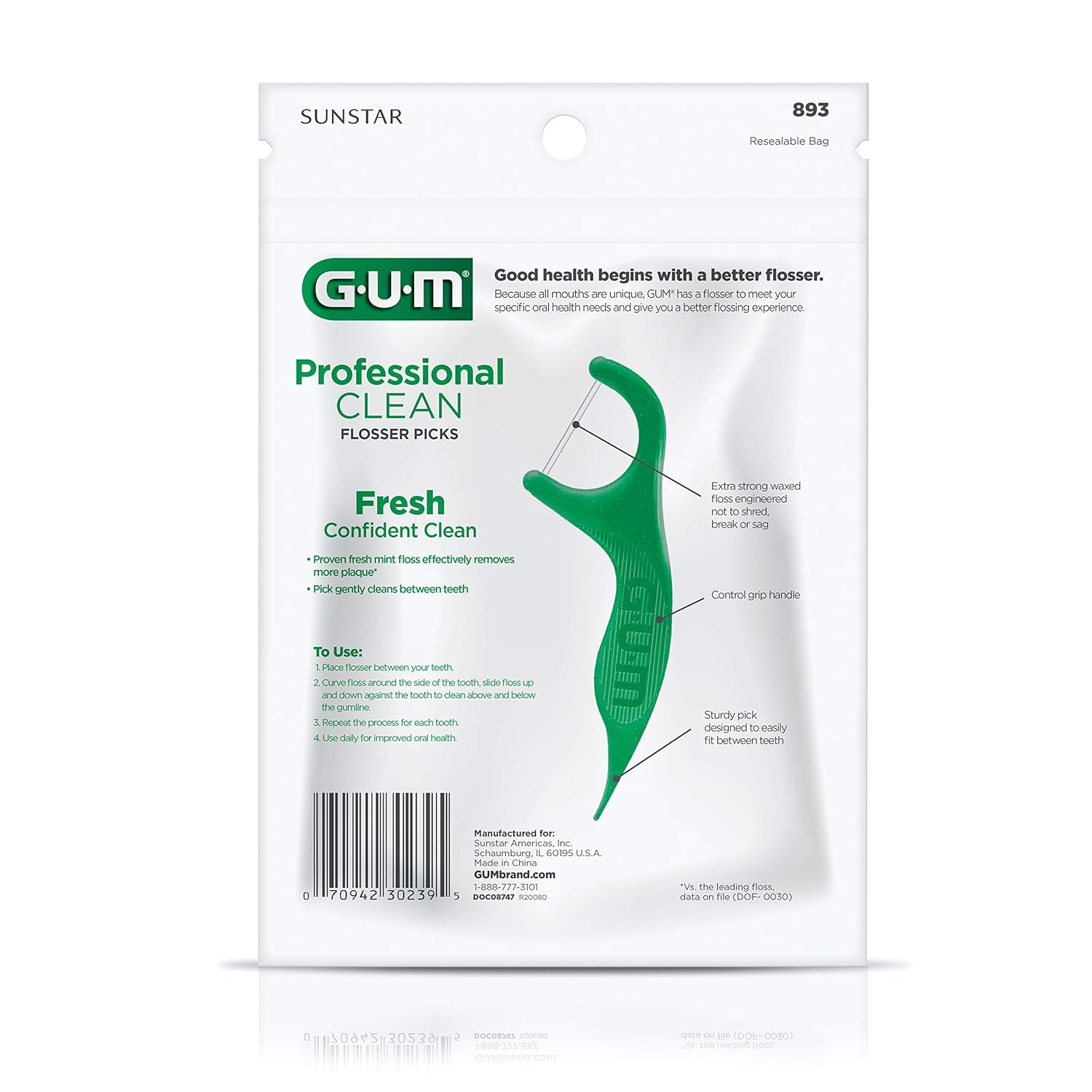 GUM - 70942302395 Professional Clean Flossers Extra Strong Flosser Pick, Fresh Mint, 90 Count (Pack of 6): Industrial & Scientific