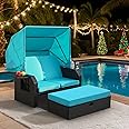 B BAIJIAWEI Outdoor Wicker Loveseat - Patio Furniture Set with Retractable Canopy, Adjustable Back, Side Table, Ottoman, Cushion - PE Rattan Sofa Set for Garden Poolside Backyard Lawn Porch (Blue)
