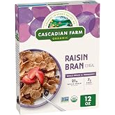 Cascadian Farm Organic Raisin Bran Cereal, Whole Grain, Non-GMO, 12 oz | 21g Whole Grain, 7g Fiber, Contains Kernza Grain, Crunchy Wheat Bran Flakes with Raisins