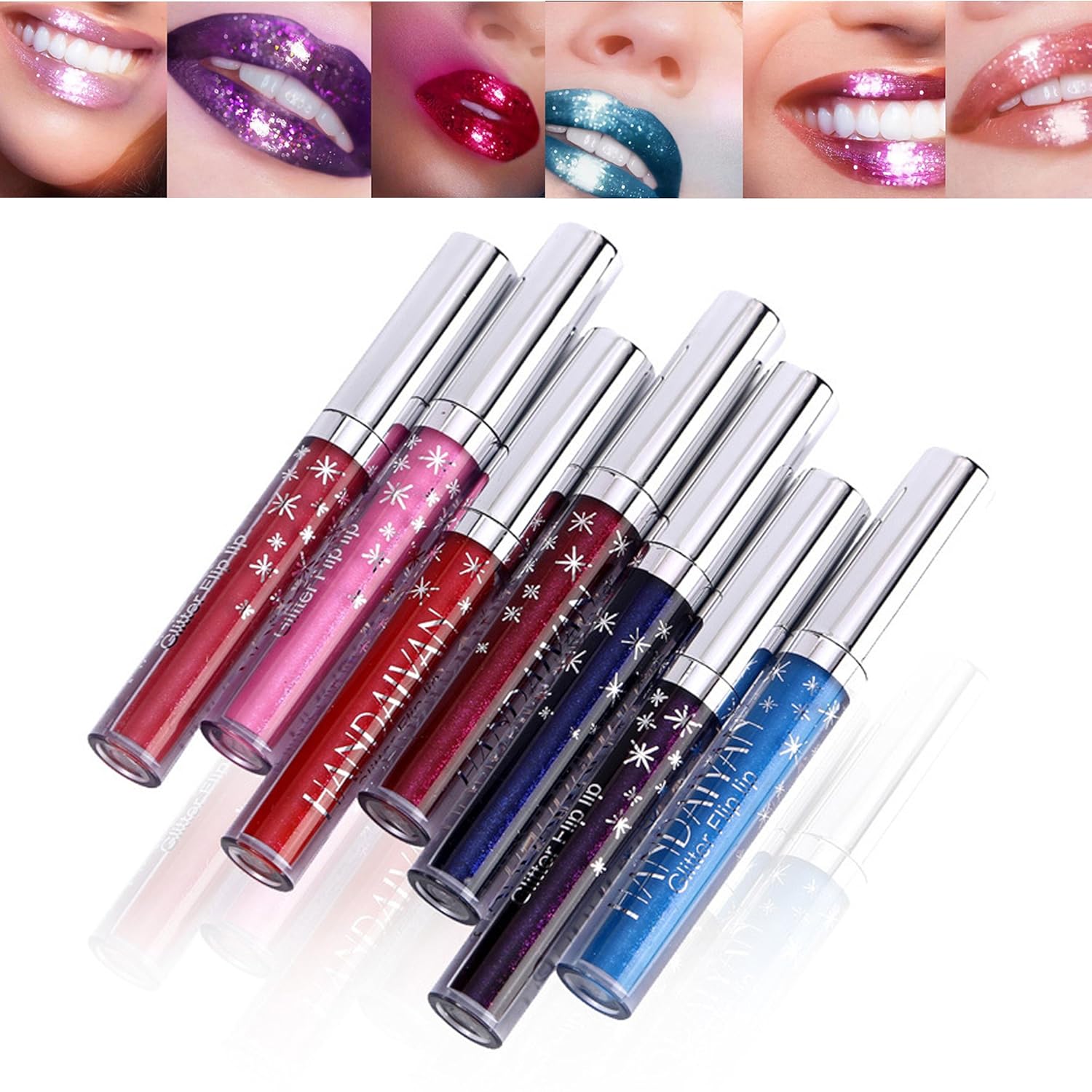 HANDAIYAN 7 Colors Glitter Flip Lip Gloss Set Nonstick Cup Waterproof