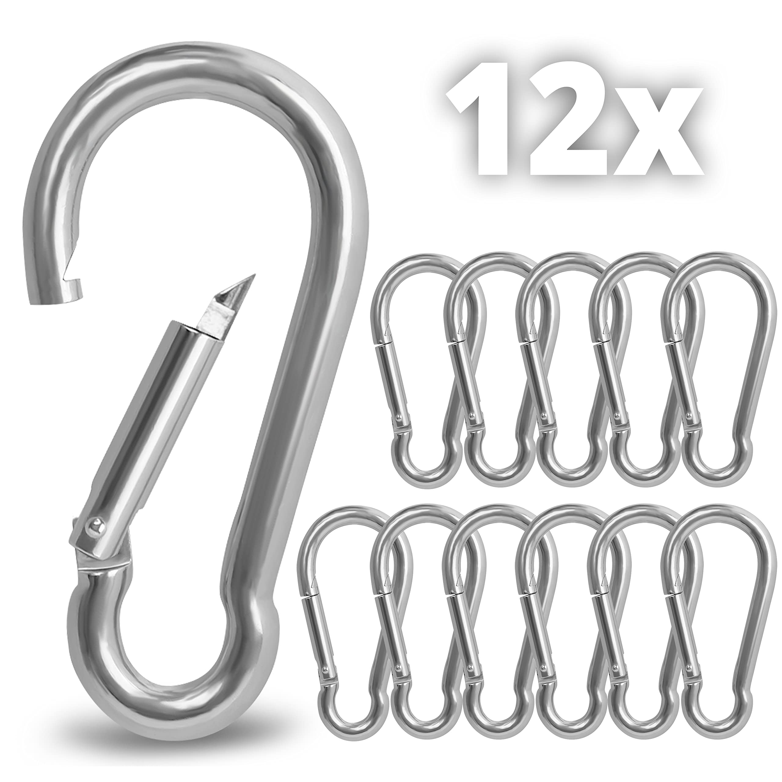 Belle Vous 12 Pack Stainless Steel Snap Spring M6 Hook Carabiner Clips - 6cm/2.4 inches - Multipurpose Durable Outdoor/Indoor Carabiners for Keychains, Camping, Fishing & Hiking Accessories
