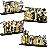 Turypaty 4 Pieces 80th Birthday Decorations Wooden Vintage 1946 Table Party Supplies, Black Gold Cheers to 80 Years Table Centerpieces Sign, Happy 80th Anniversary Bday Hello Eighty Table Decor