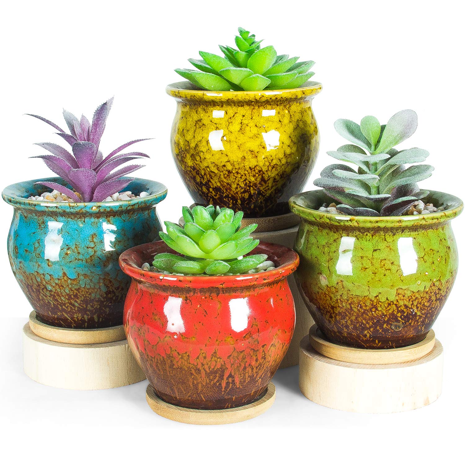 ARTKETTY Succulent Plant Pots, Small Cactus Plant Pots, 11.5CM Ceramic Plant Pots for Indoor Outdoor Flower Plants with Drainage Tray Perfect for Home/Office Decor Pack of 4