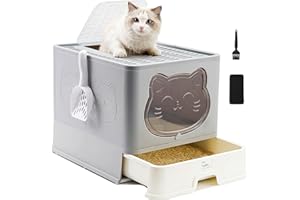 HelloMiao Fully Enclosed Cat Litter Box with Lid, Foldable Extra Large Cat Toilet, Drawer Type Cat Litter Tray with Plastic S