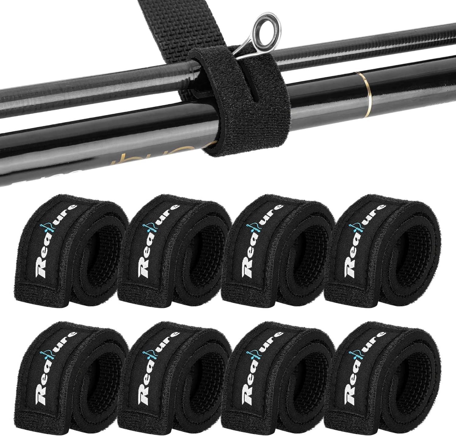 Realure 8 Pcs Fishing Rod Straps Adjustable Neoprene Protectors Elastic Belt Ties Fixed Spinning Sea Feeder Carp Wrap Gear Strap Velcro Black, 3x25cm — image 1