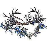 MOSTORY Light up Antler Crown - Handmade Blue Flower Elf Headpiece Forest Fairy Headband Elven Dark Circlet for Women Renaissance Cosplay Goth Wedding Renfaire Accessory
