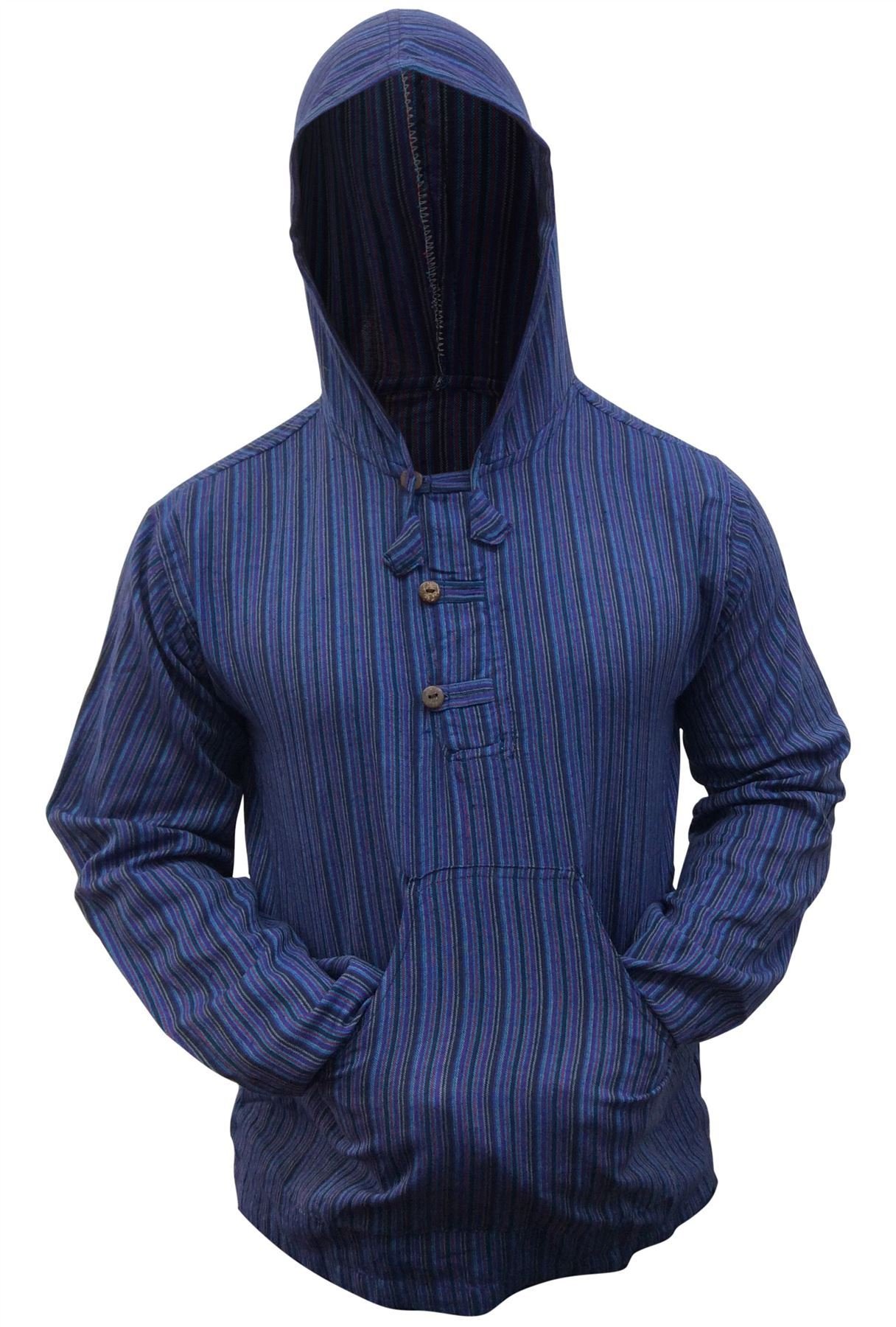 SHOPOHOLIC FASHION Mens Striped Hooded Grandad Shirt - Blue, L
