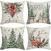 Ni-JASW Christmas Throw Pillow Covers 18x18 inch Set of 4, Watercolor Trees Deer Pinecones Snowflakes Let It Snow Xmas Winter Pillow Cases for Couch Sofa Decor
