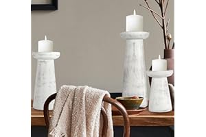 HOMEBIA DESIGNS Hand Crafted Wooden Pillar Candle Holder Set of 3, Ideal for LED and Pillar Candle, Gift for Wedding, Christmas, Party, Home, Spa, Reiki, Aromatherapy,Votive Candle Gardens, 10,8,6 Inch, Antique White