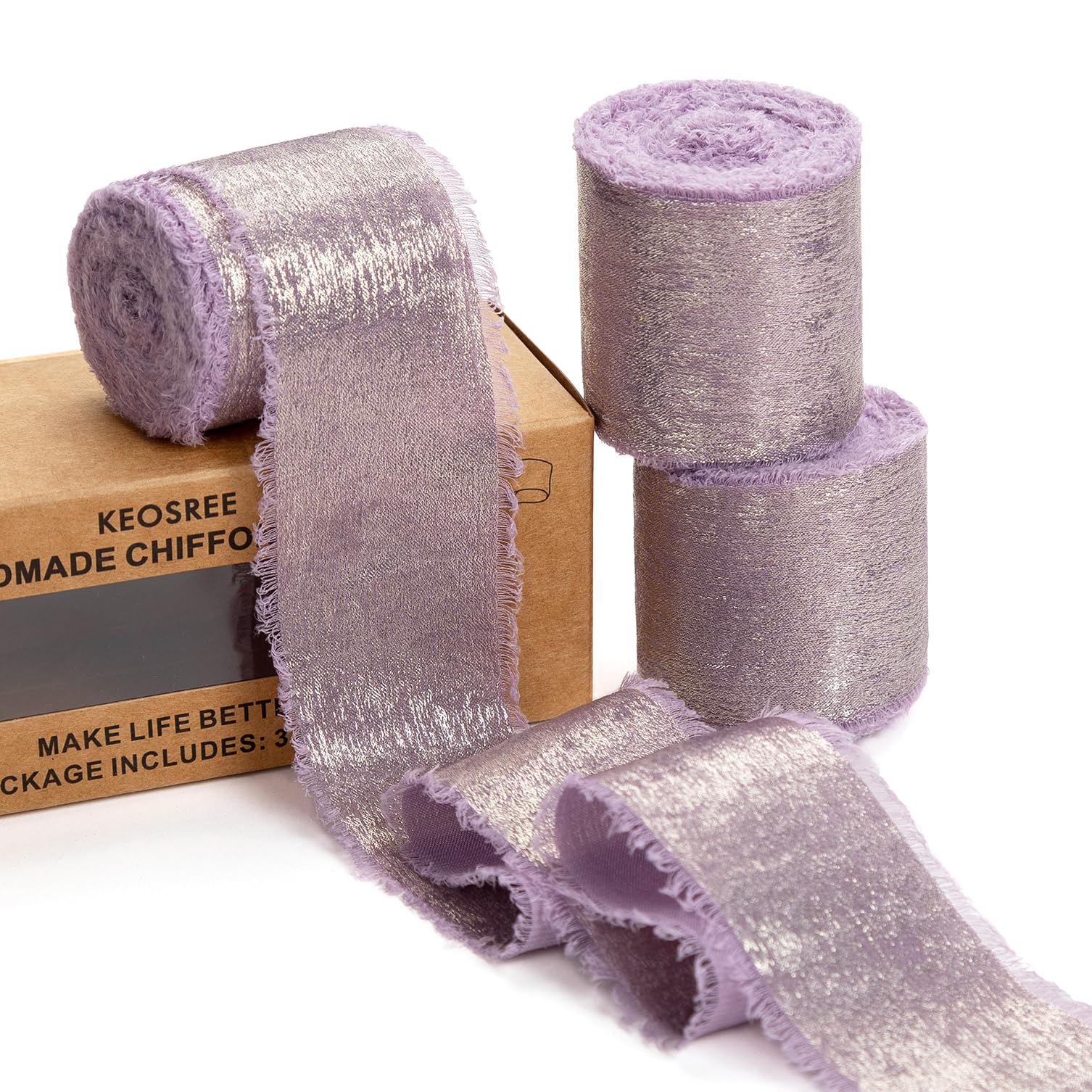 Photo 1 of KEOSREE Light Purple Silk Chiffon Ribbon,Lavender Frayed Shimmery Silk Ribbon for Bridal Flower Bouquet Christmas Gift Wrapping Wedding Decor Invitations Decorations 1.5" x 15 Yards (5Yards X 3 Rolls)