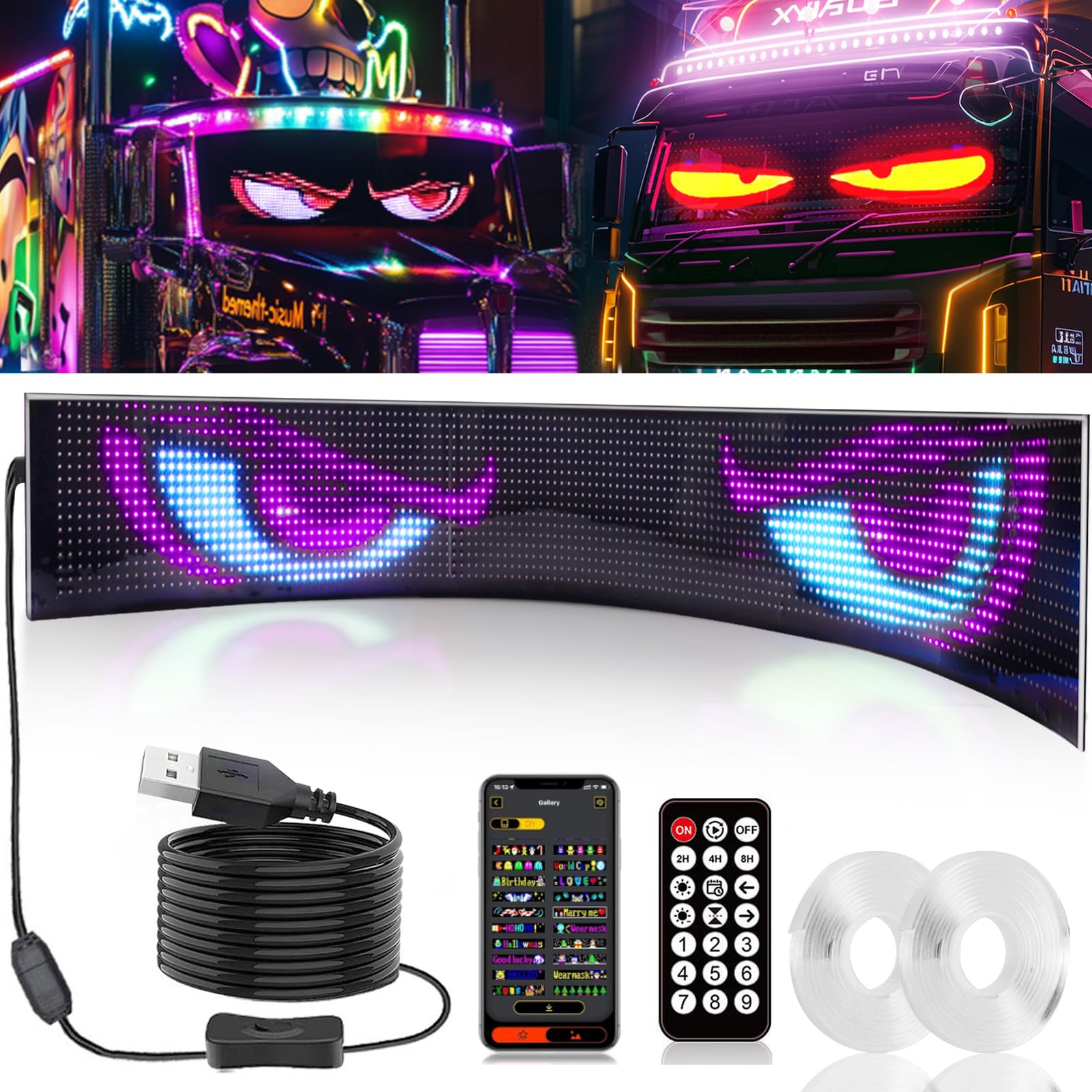 Photo 1 of 1 Pack 70inx7.6in Huge Devil Eyes Light for Car Truck Windshield, Large Programmable Devils Eye LED Soft Screen, Flex Display Truck Eyes, Big Devil Eyes for Windshield Dynamic LED Car Devil Eyes