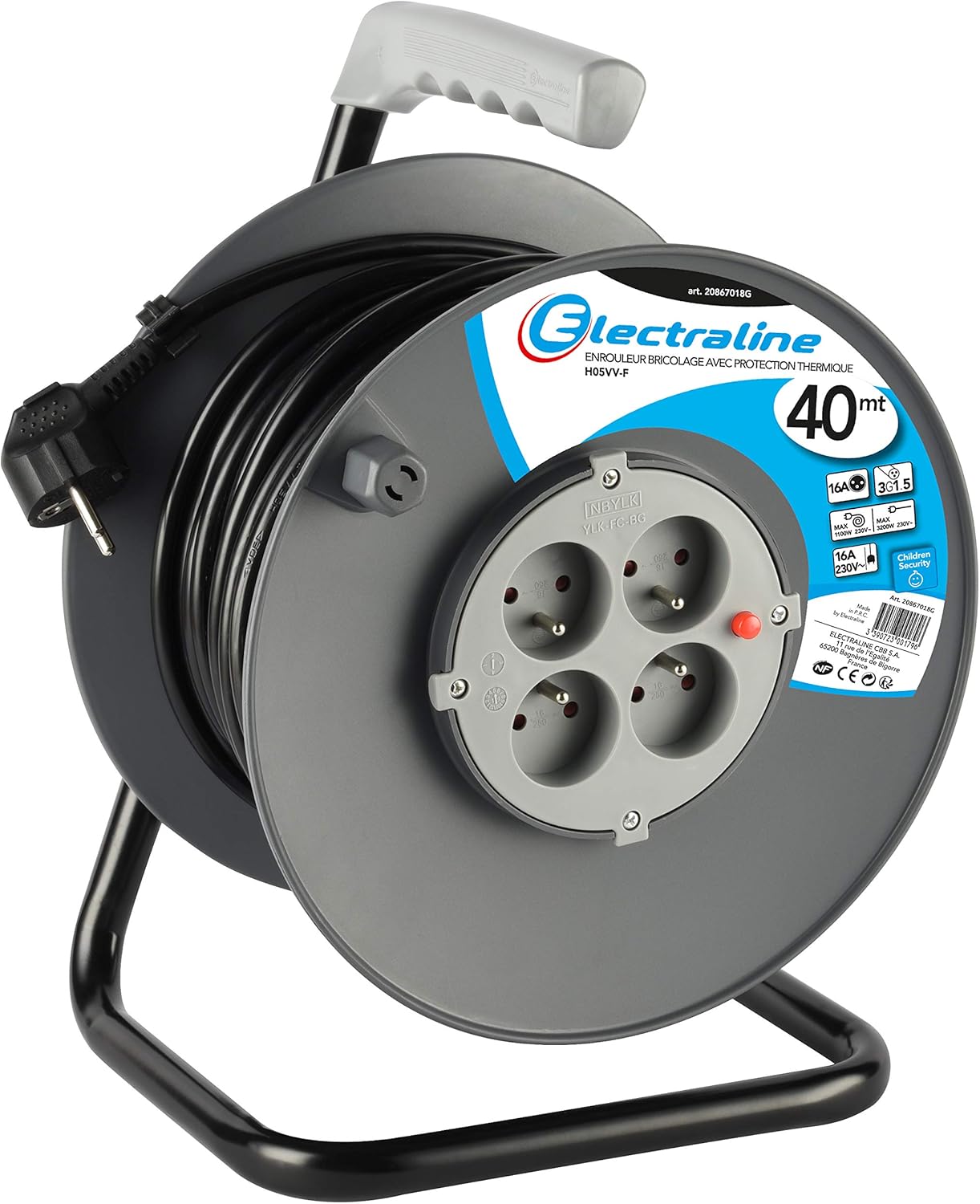 Electraline 20867018G Rallonge Prolongateur électrique 40 m avec enrouleur 4 Prises 16 A section