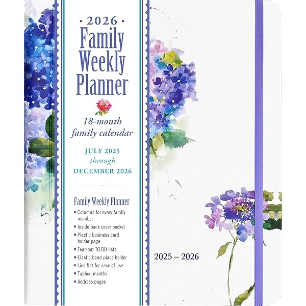 2026 Hydrangeas Family Weekly Planner (18 months, July 2025 to Dec