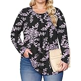 DOLNINE Plus-Size-Tops for Women Casual Crewneck Shirts Basic Long Sleeve Tee Tunics Trendy Pleated Blouses XL-5XL