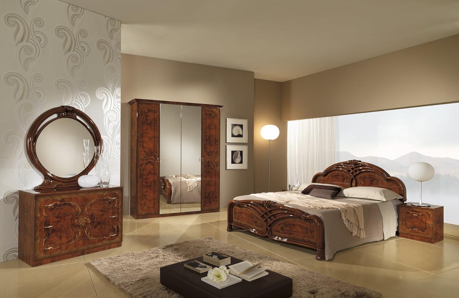 Mcs Angelica Walnut Italian Bedroom Set With 6 Door Italian