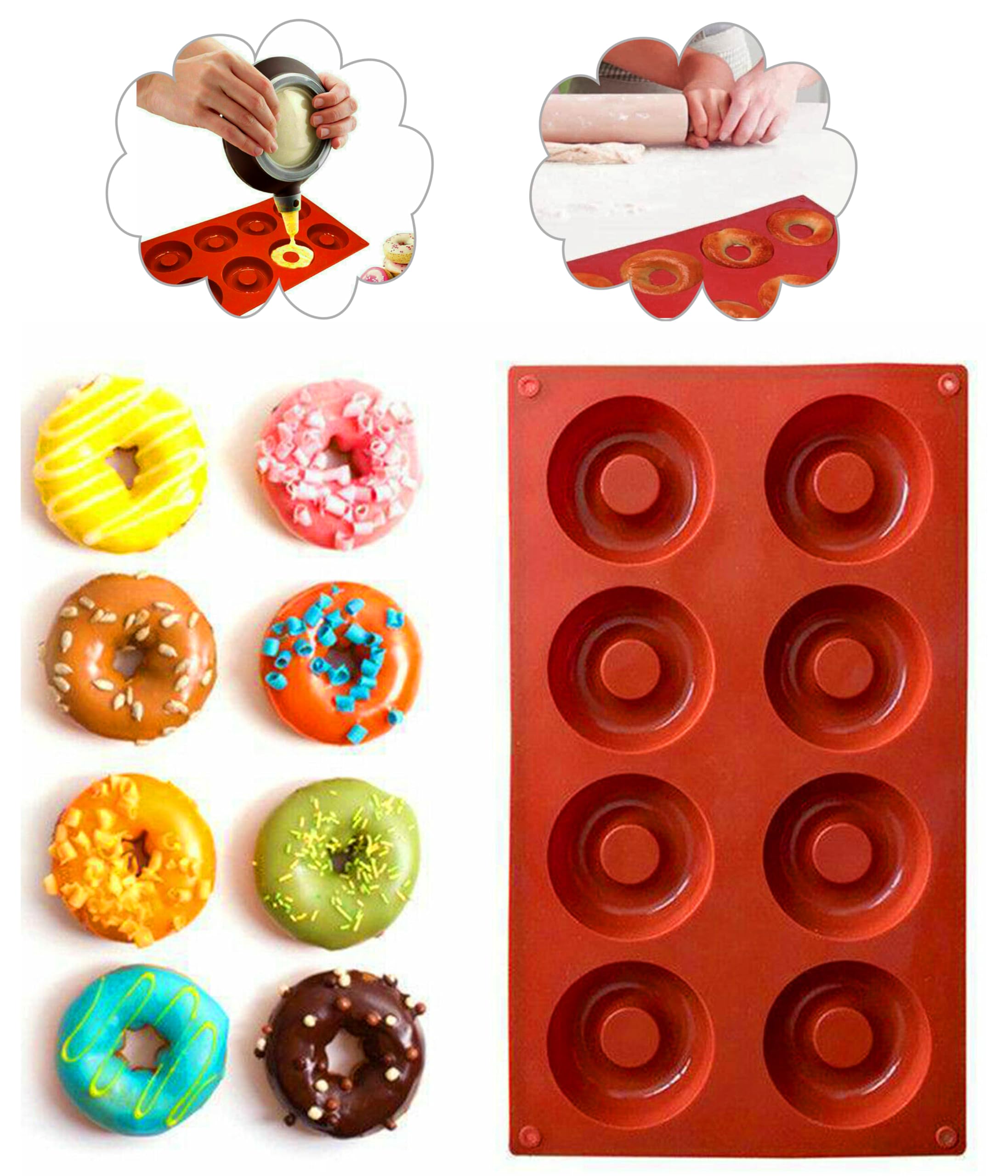 8 Cavity Silicone Donut Mold Non-Stick Baking Tray, Flexible, Odorless, Dishwasher, Oven & Microwave Safe - Perfect for Donuts, Muffins, Bagels, Cupcakes, Cookies, Cakes, Bakewar