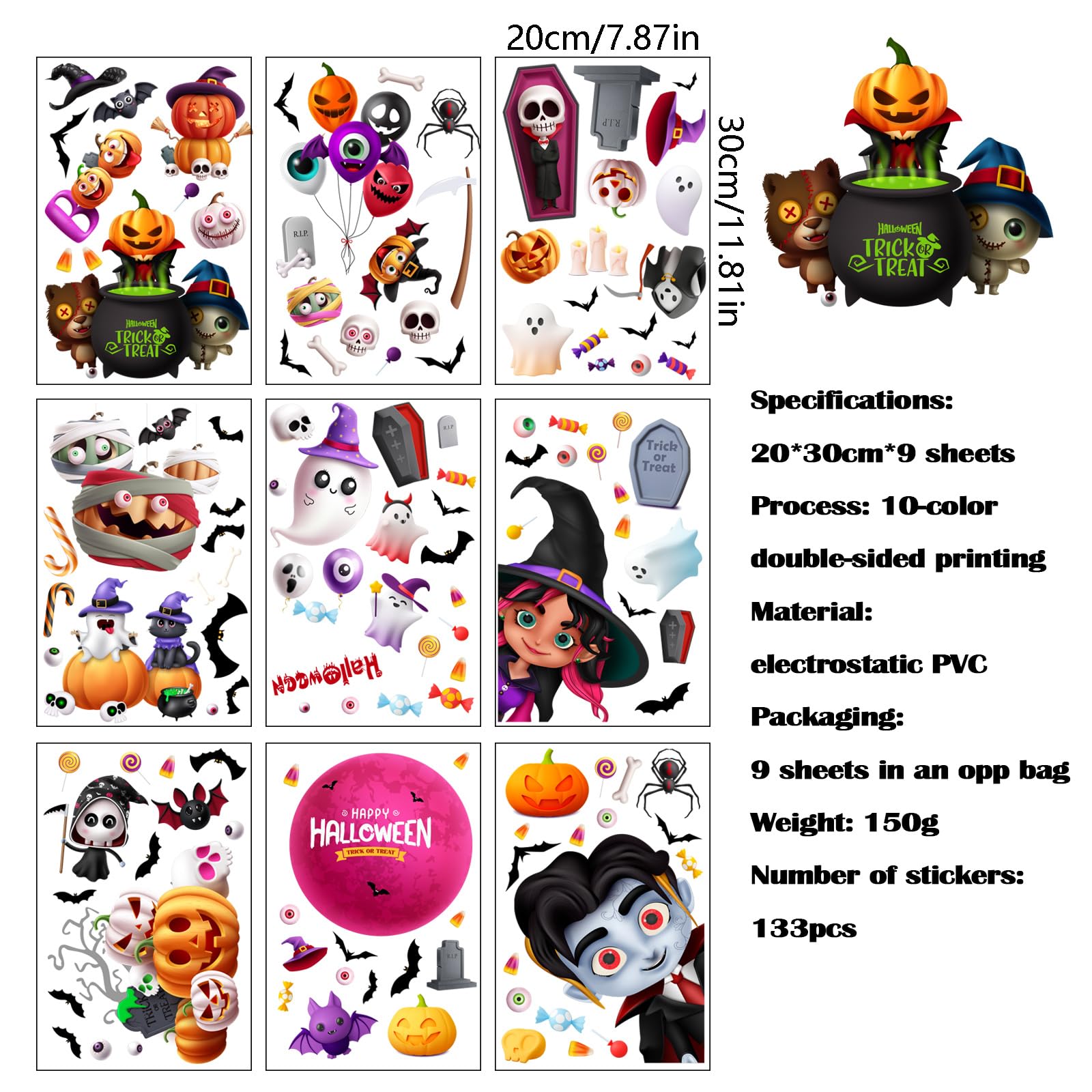 Spooky Halloween Window Clings Decals - 133 Pack Pumpkin Ghost Bat Decor Static Stickers - 8x10 Inch, Reusable & Waterproof for Glass (Fall Decorations)