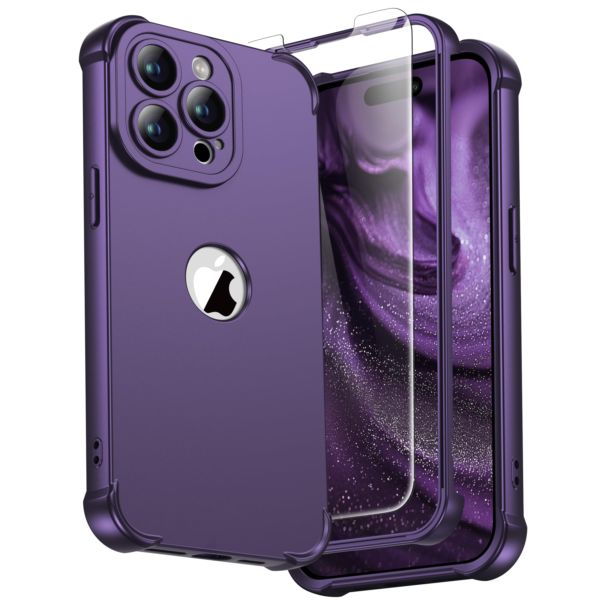 ORETECH for iPhone 15 Pro Max Case 6.7 inch, with [2 Pack Screen Protector] [Camera Lens Guard] [15FT Military Grade Drop Test] 360° Shockproof Slim Fit Design Rubber Bumper Phone Cover - Dark Purple
