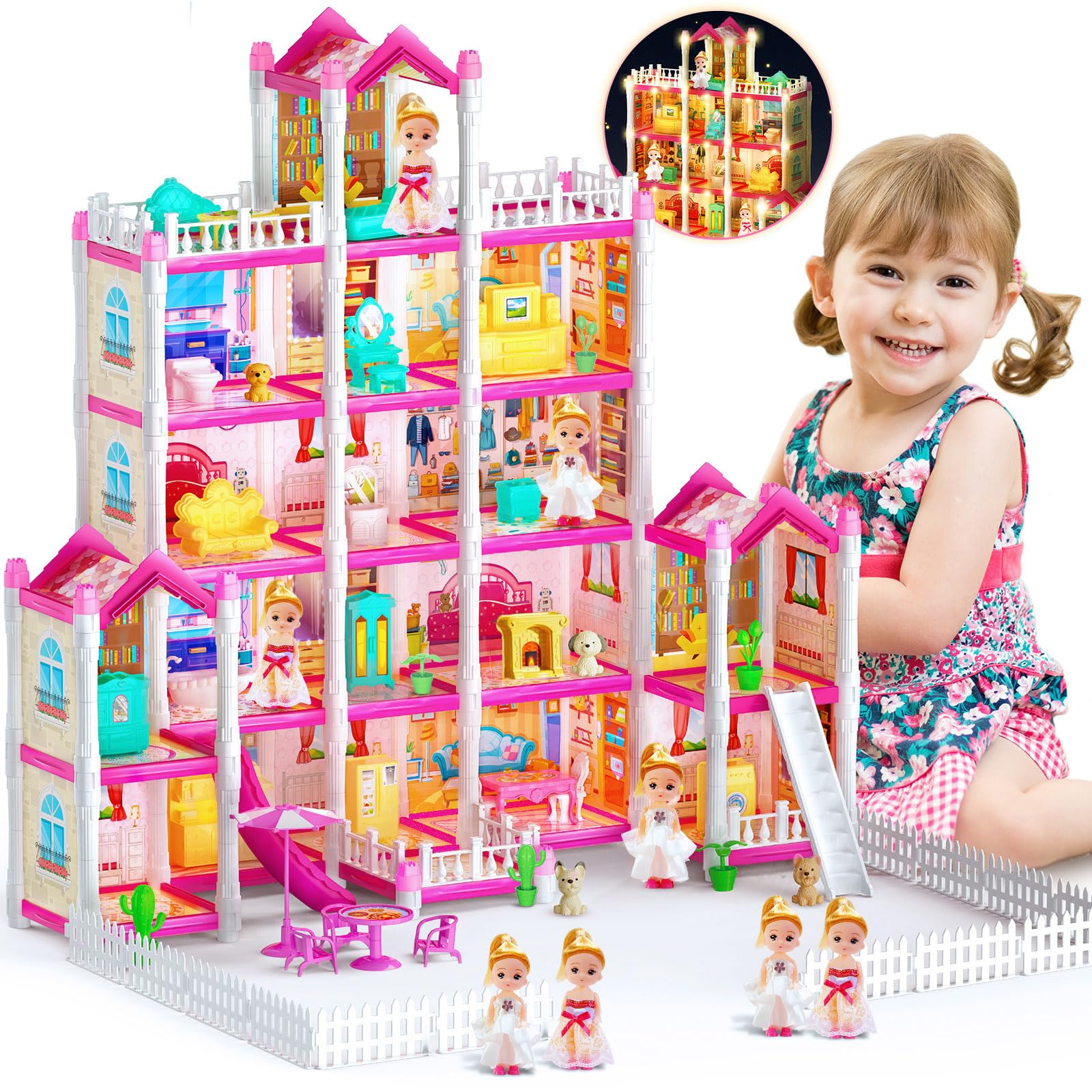 Photo 1 of VATOS Dollhouse for Girl,5 Story 17 Rooms Luxury Pink Dollhouse, DIY Play Doll Room Set with Light Strip,4 Dolls,4 Puppy and Doll Furnitures, Dream Christmas Birthday Toy Gift for Girls 3 4 5 6 7 8