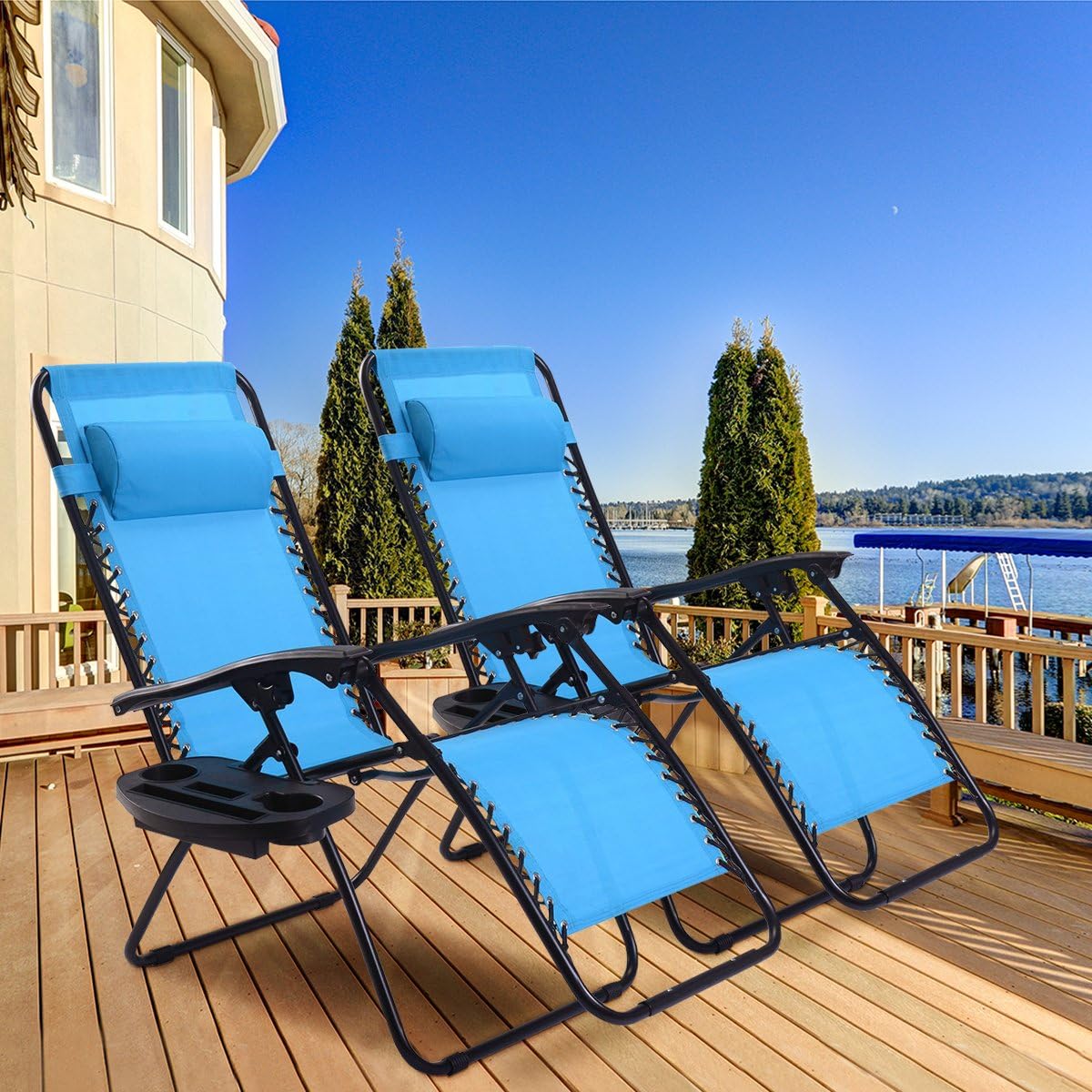 Goplus Zero Gravity Chair Set 2 Pack Adjustable Folding Lounge Recliners for Patio Outdoor Yard Beach Pool w/Cup Holder, 300-lb Weight Capacity (Light Blue) : Garden & Outdoor
