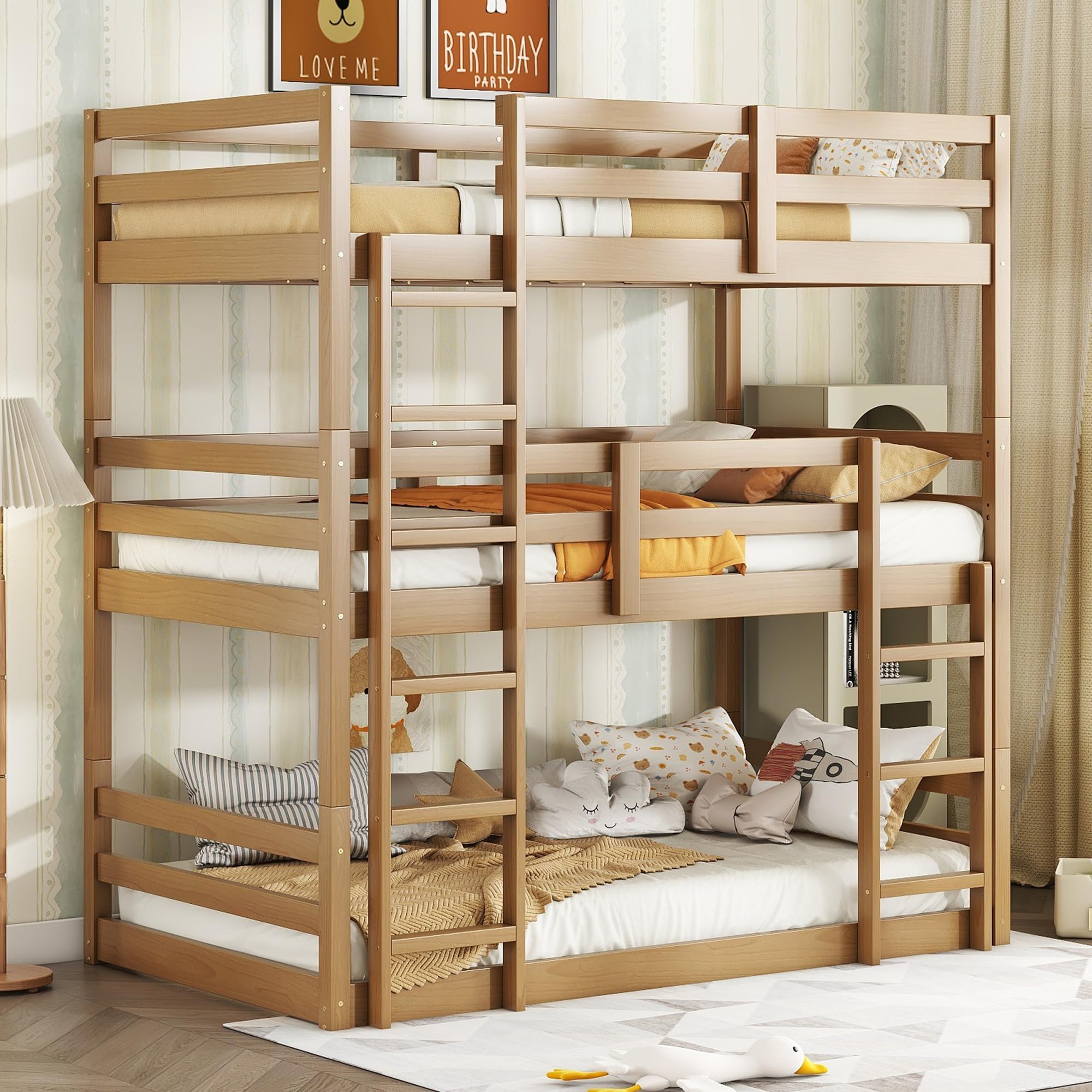 Photo 1 of ***INCOMPLETE MISSING 1 BOX***Bellemave Twin Over Twin Over Twin Triple Bunk Bed for 3 Kids,Solid Wood Twin Size Bunk Beds with Two Built-in Ladders,Detachable,Natural