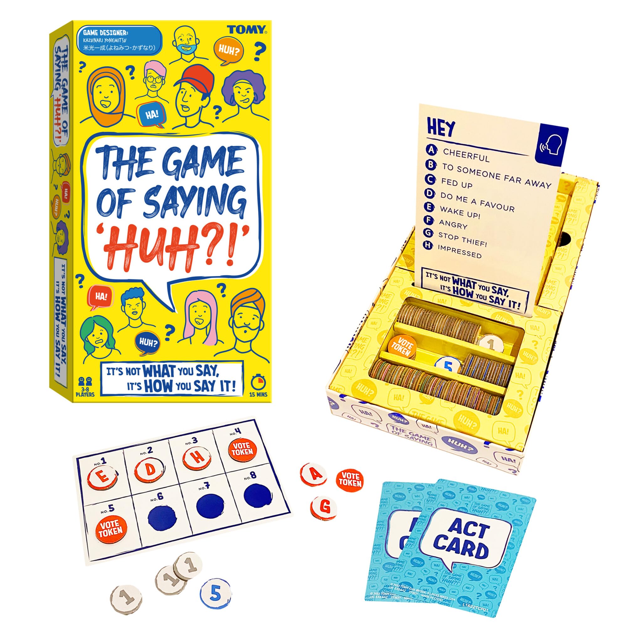 TOMY The Game of Saying 'Huh?!' - Voice Impressions Card Games - Funny Party Game of Acting & Guessing Correctly to Win - Family Board Games for Adults, Teens & Kids 8+ - Board Game for 3-8 Players
