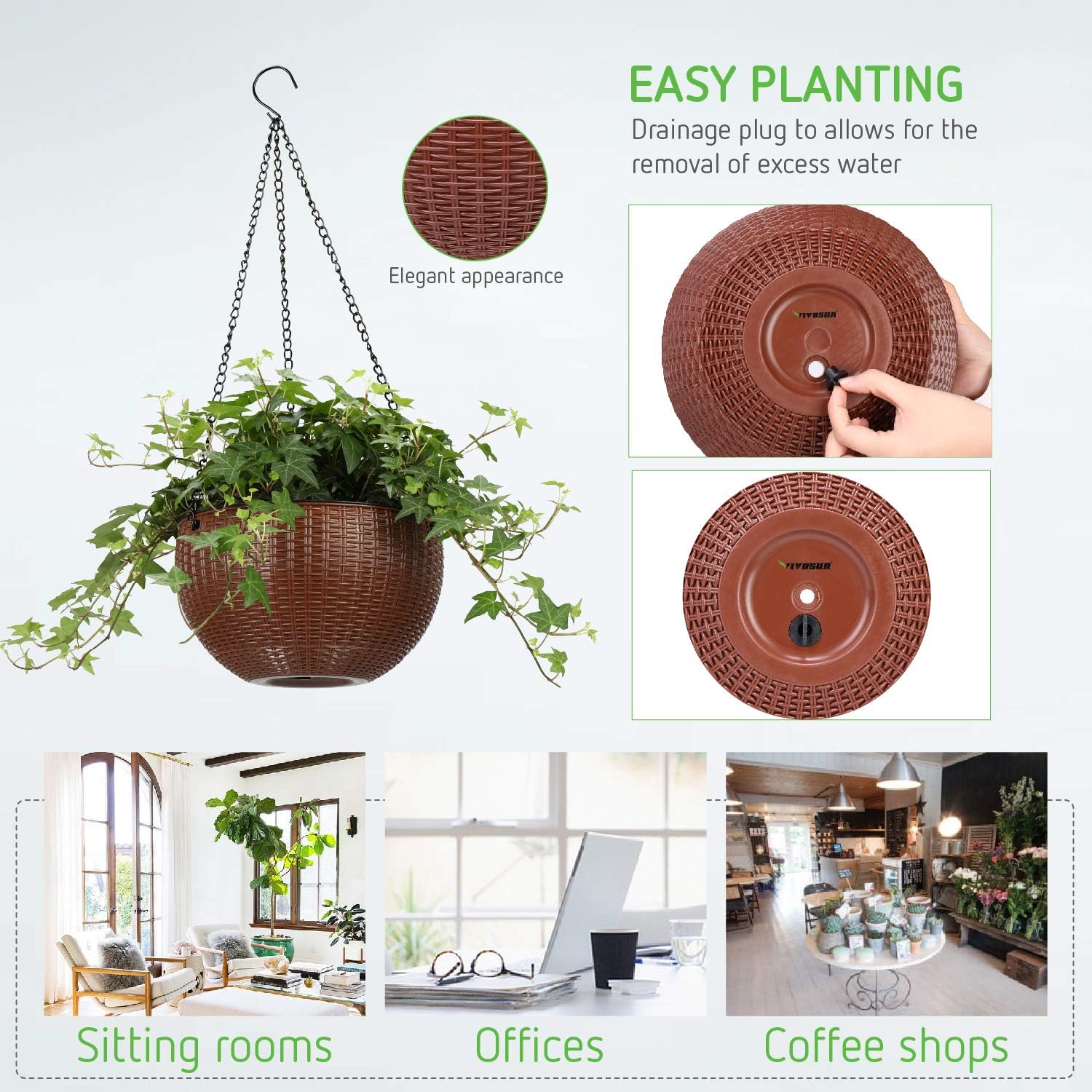 VIVOSUN 2 Pieces (8.3" & 10.2") Hanging Planter Self Watering Hanging Basket Flower Plant Pot Brown: Kitchen & Dining