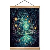 Fantasy Forest Canvas Wall Art Decor,Magic Forest Scene Poster,Enchanting Whimsical Art Print for Magic Lovers, Fairy Wonderland Dark Night Fireflies River Poster for Bedrooms&Living Rooms (Fantasy)