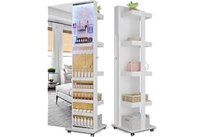 Lvifur 360° Rotating LED Jewelry Armoire,Side Pull Full Length Mirror Large Capacity Floor Standing 3 Color Dimmable Jewelry Organizer Armoire with 4 rollers,Rear Storage Shelves