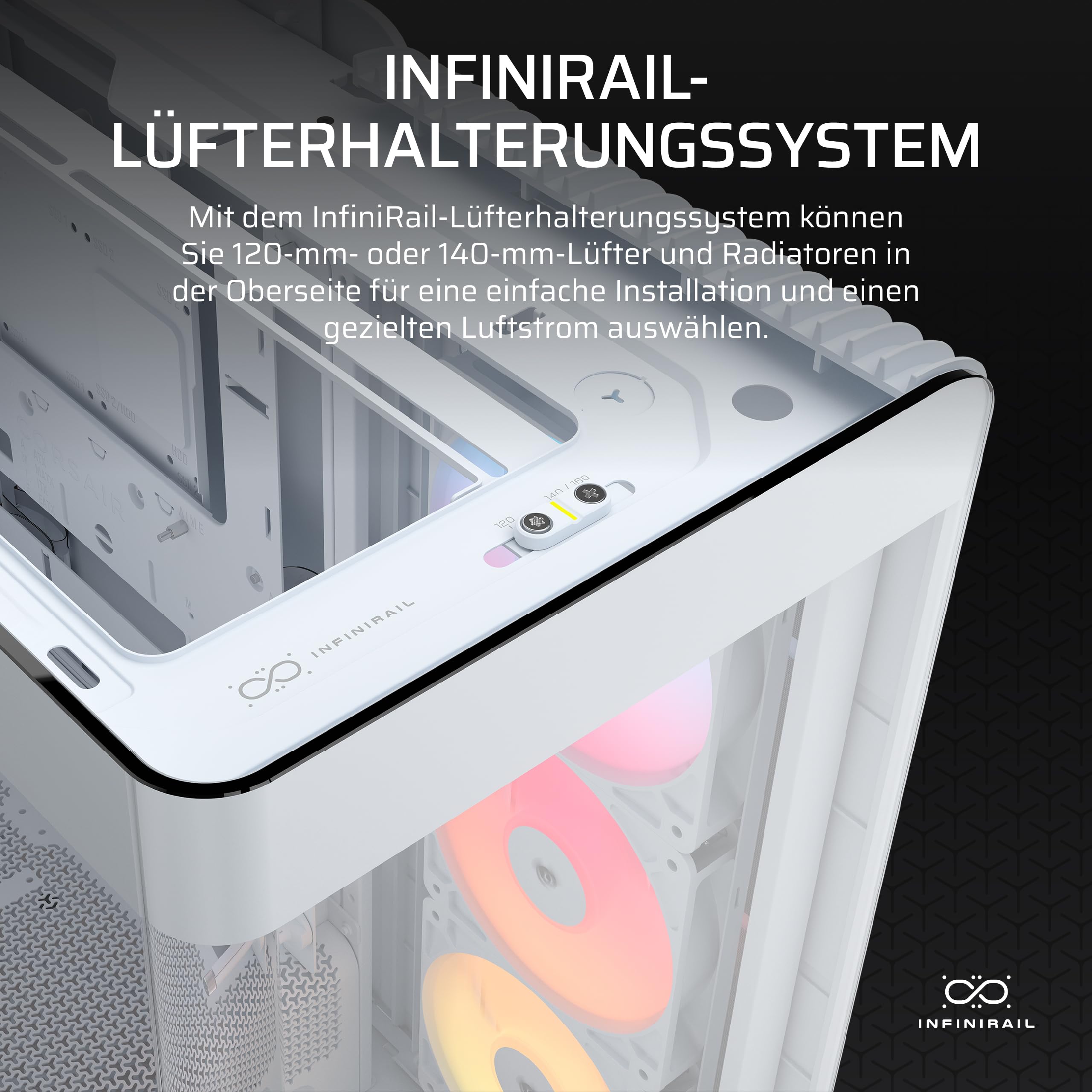 Corsair Frame 4500X RS-R ARGB Panoramaglas Mid-Tower-PC-Gehäuse – InfiniRail Lüftermontagesystem, Passend für Zwei 360 mm Radiatoren, GPU Anti-Sag, Enthält 3X RS120R RGB LINK Lüfter – Weiß 6