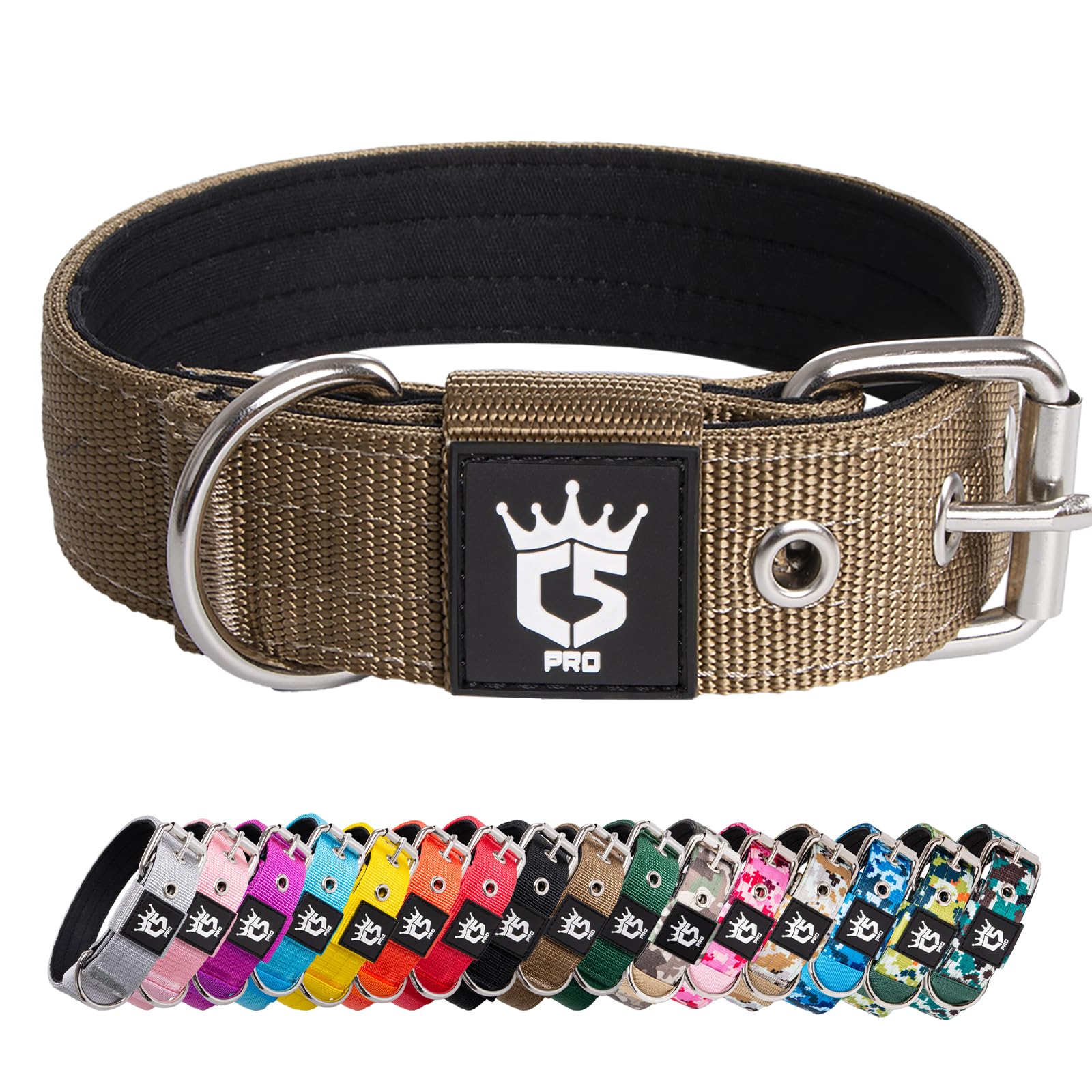TSPRO Heavy Duty Tactical Dog Collar 1.25" Wide, Padded Dog Collar with Metal Buckle, Adjustable for Walking Training Outdoor for Small Dogs (Khaki, S)