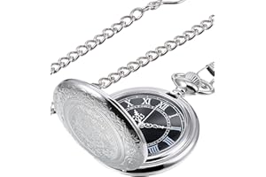 HICARER Men's Quartz Pocket Watch with Black Dial and Chain