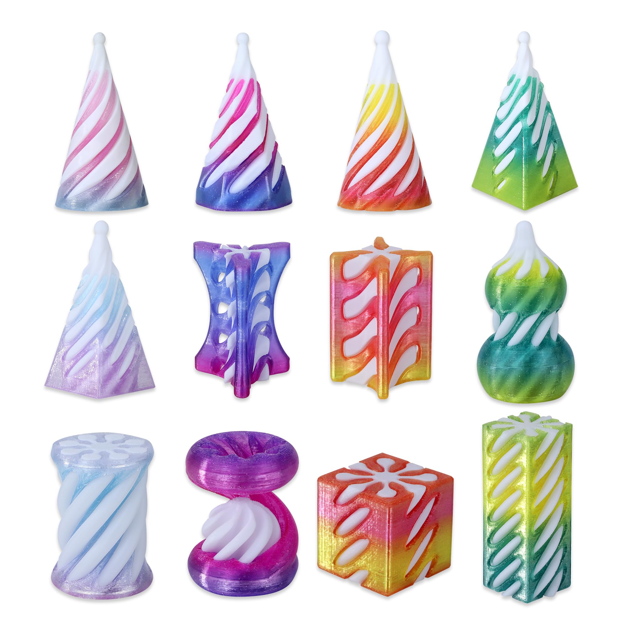 12 Pack 3D Printed Spiral Cone Fidget Toys, 12 Unique Shapes (No Duplicates), Impossible Cone, Pyramid, Cube & Twist Cylinder, 4 Crystal Gradient Colors, Desk Toy Set for Kids & Adults