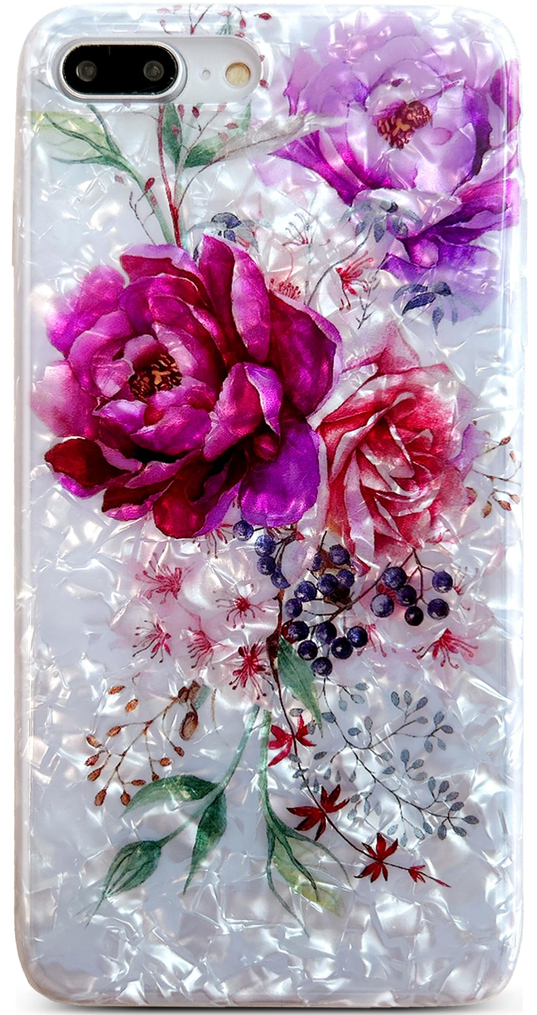Qokey for iPhone 8 Plus/ 7 Plus Case 5.5",Cute Clear Flowers Case for Girls Women Shell Pattern Soft Lightweight Slim Fit TPU Shockproof Phone Cover for iPhone 7 Plus/8 Plus, Purple Red