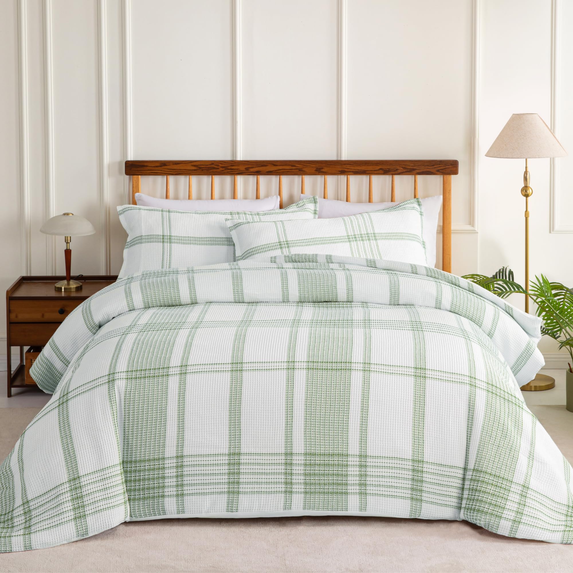 Photo 1 of Sophia & William Cotton Comforter Cover Set Queen Size, Waffle Weave White Duvet Cover Set 3 Piece, White + Green