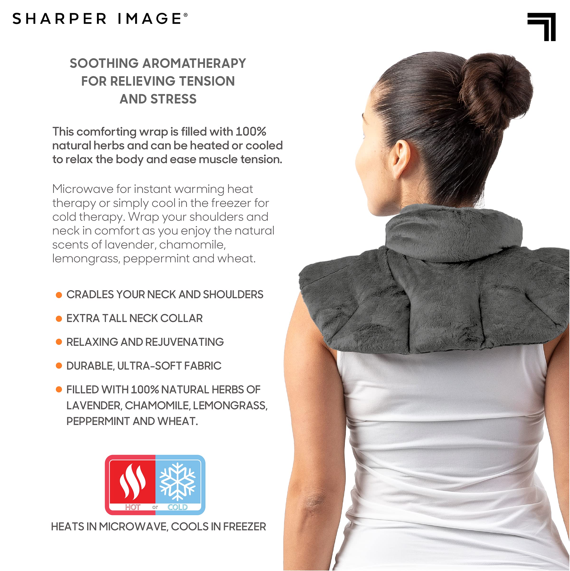 Sharper Image Heated Neck & Shoulder Wrap - Microwavable Warm & Cooling Plush Pad, Scented Aromatherapy (100% Natural Lavender & Herb Spa Blend), Pain Tension Headache Relief Therapy, Gift for Women