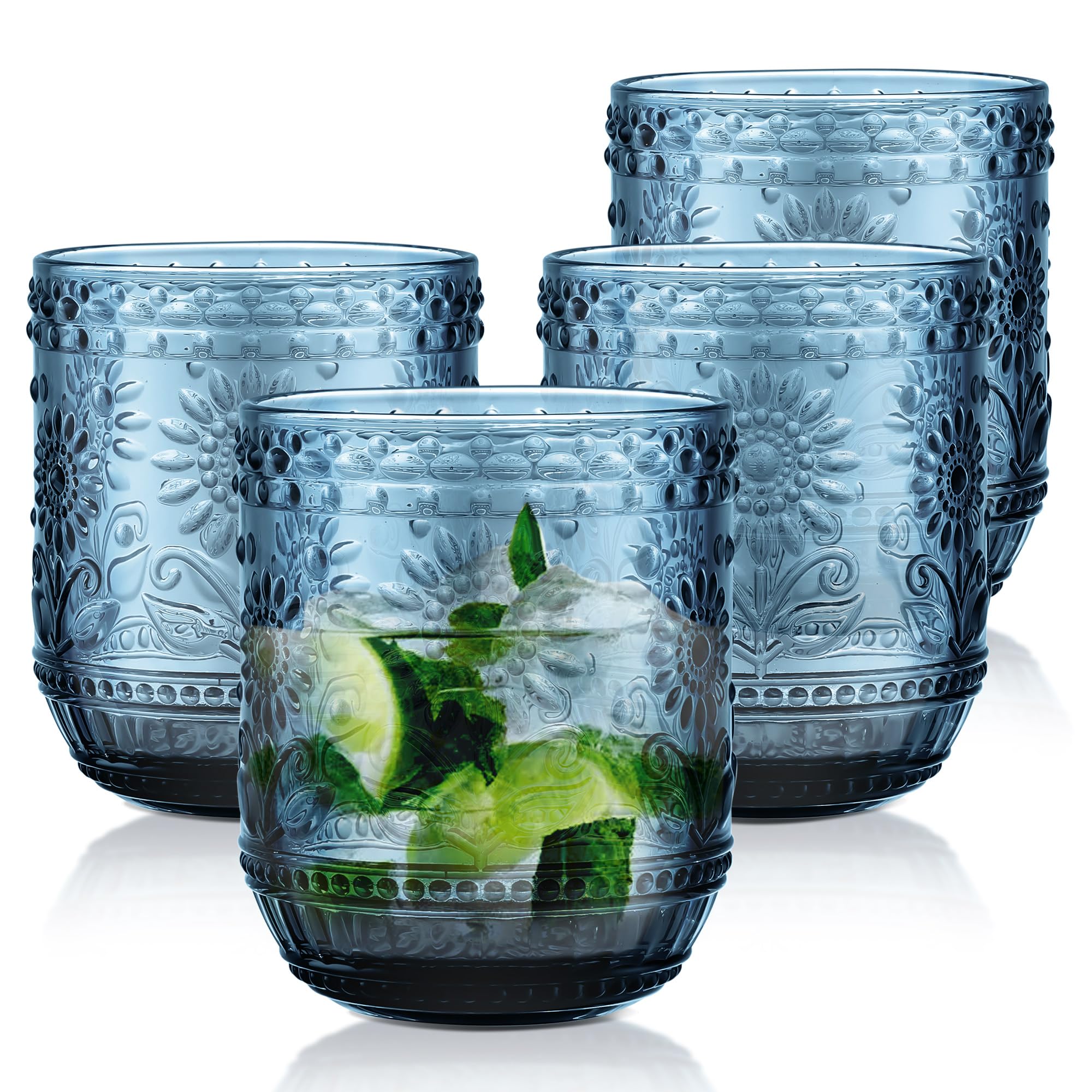 Joeyan Water Glasses Drinking Set of 4, 360ml Ribbed Tumbler Glasses Coloured Highball Glasses Glassware for Juice Cocktail Beverages Whiskey Beer Water Tea Modern Gift, Blue