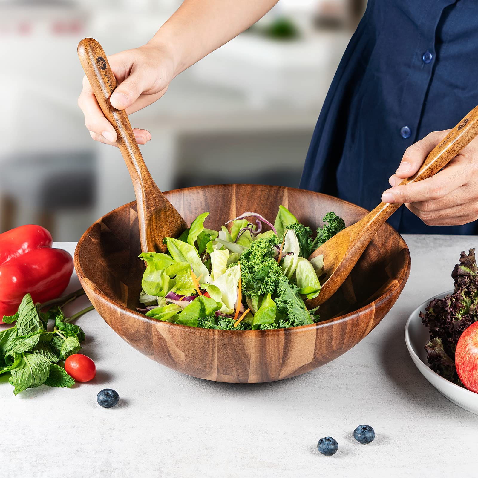 Bill.F Salatschüssel aus Holz, Salatschüssel-Set aus Akazienholz, Große Salat-Rührschüssel mit Servern, 3-teiliges Großes Salatschüssel-Set D30*10cm 3